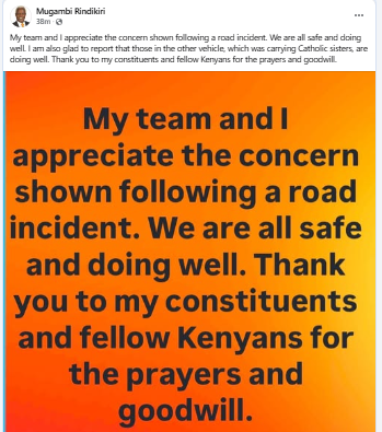 Facebook post by Mugambi Rindikiri. PHOTO/Screengrab by People Daily Digital