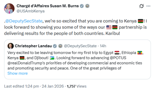 X post by Chargé d’Affaires Susan M. Burns. PHOTO/Screengrab by People Daily Digital