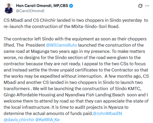 X post by Caroli Omondi. PHOTO/Screengrab by People Daily Digital