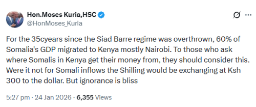 X post by Moses Kuria. PHOTO/Screengrab by People Daily Digital