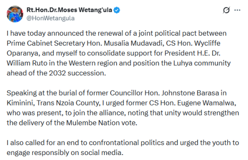 X post by Moses Wetang’ula. PHOTO/Screengrab by People Daily Digital