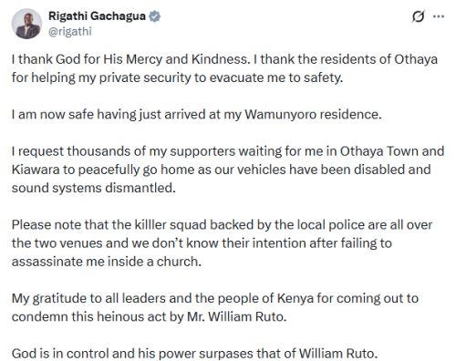 X post by Rigathi Gachagua. PHOTO/Screengrab by People Daily Digital