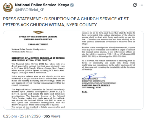 X post by police. PHOTO/Screengrab by People Daily Digital
