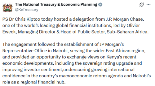 X post by the National Treasury. PHOTO/Screengrab by People Daily Digital