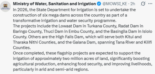 X post by Ministry of Water, Sanitation and Irrigation. PHOTO/Screengrab by People Daily Digital
