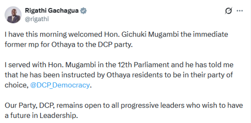 X post by Rigathi Gachagua. PHOTO/Screengrab by People Daily Digital