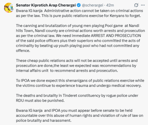 X post by Kiprotich Arap Cherargei. PHOTO/Screengrab by People Daily Digital