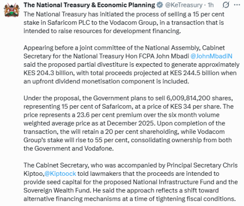 Statement of National Treasury on the sale of Safaricom stake to Vodacom on Tuesday, January 13, 2026. PHOTO/Screengrab by People Daily Digital/@KeTreasury/X
