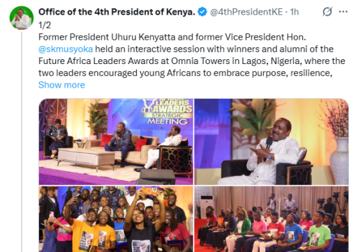 Statement of the Office of the 4th President of Kenya on retired President Uhuru Kenyatta and Wiper Party leader Kalonzo Musyoka engaging winners of FALA 2025 on Friday, January 2, 2025. PHOTO/Screengrab by People Daily Digital/@4thPresidentKE/X