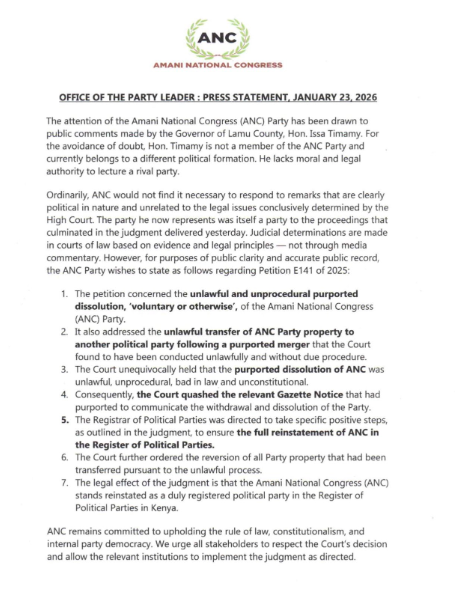 Statement of ANC over UDA merger and Lamu Governor Issa Timamy's remarks. PHTO/@ancparty_kenya/X 