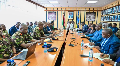 Interior CS Kipchumba Murkomen, Defence CS Soipan Tuya, Roads and Transport CS Davis Chirchir, with other leaders, during an engagement on the implementation of a new security management plan on Isiolo-Mandera corridor: PHOTO/@davis_chirchir/X