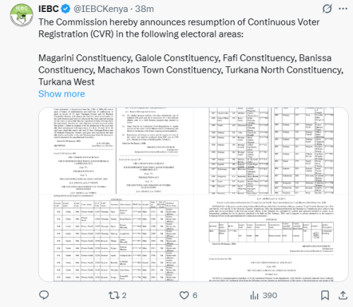 IEBC's statement on the resumption of continuous voter registration exercise in 30 constituencies. PHOTO/Screengrab by People Daily Digital/@IEBCKenya/X