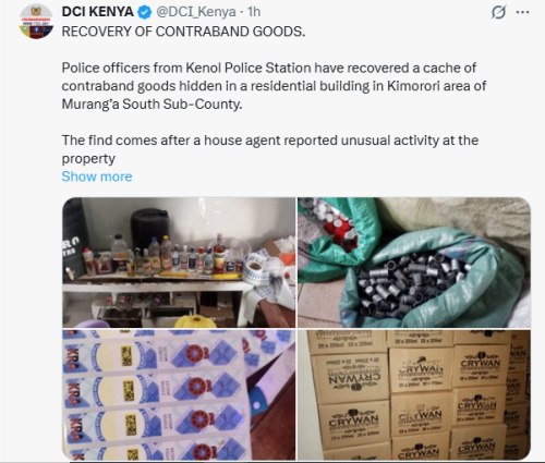 Contraband goods recovered in Murang'a. PHOTO/Screengrab by People Daily Digital/@DCI_Kenya/X
