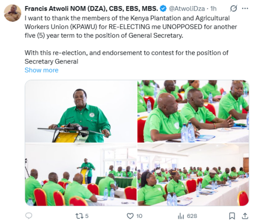 The COTU Secretary General Francis Atwoli's statement on his re-election at Kenya Plantation and Agricultural Workers Union (KPAWU) on Saturday, January 17, 2026. PHOTO/Screengrab by People Daily Digital/@AtwoliDza/X