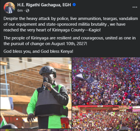 Rigathi Gachagua's statement on teargas incident in Kagio on Friday, January 9, 2026. PHOTO/@rigathi/X 