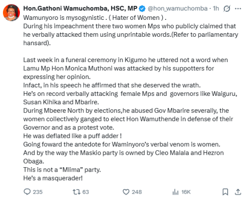 Gathoni Wamuchomba's statement on Rigathi Gachagua's hate against women. PHOTO/Screengrab by People Daily Digital/@hon_wamuchomba/X