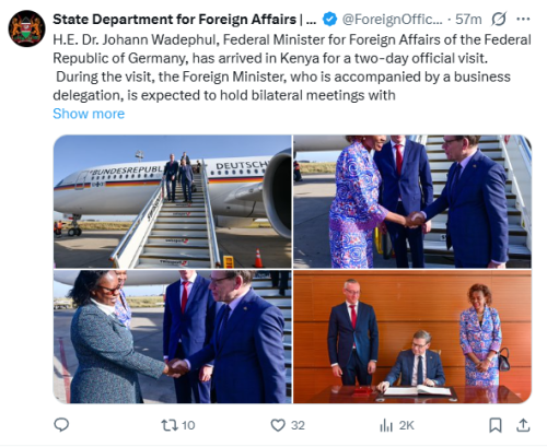 State Department for Foreign Affairs statement on Johann Wadephul, Federal Minister for Foreign Affairs of the Federal Republic of Germany arrival in Kenya. PHOTO/Screengrab by People Daily Digital/@ForeignOfficeKE/X