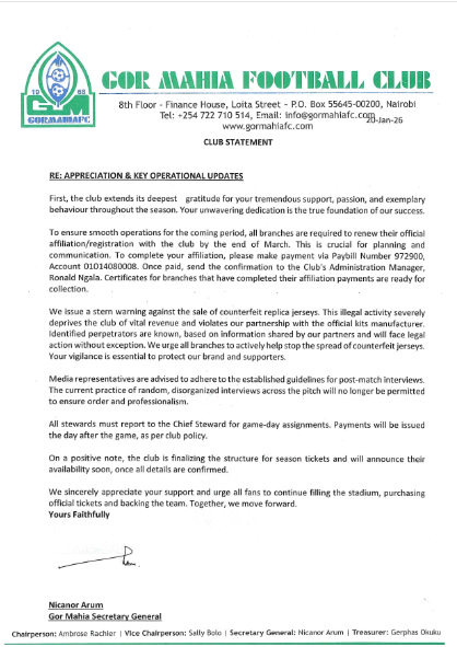 Operational update statement by Gor Mahia FC on Tuesday, January 20, 2026. PHOTO/@OfficialGMFC/X