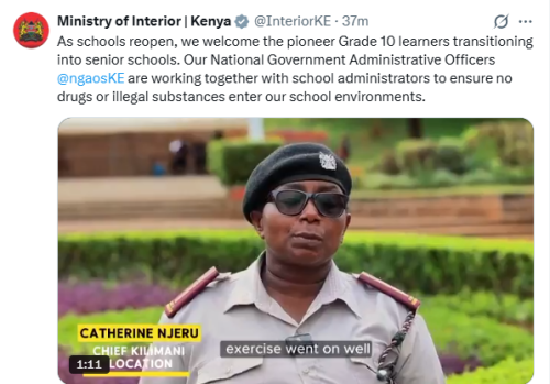 Statement of the Ministry of Interior Grade 10 placement and prevention of drugs entry in learning institutions. PHOTO/Screengrab by People Daily Digital/@InteriorKE/X