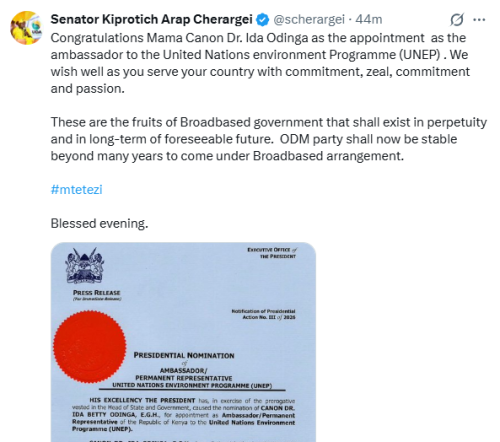 Senator Samson Cherargei's statement on Ida Odinga's nomination to UNEP on Friday, January 23, 2026. PHOTO/Screen grab by People Daily Digital/@scherargei/X