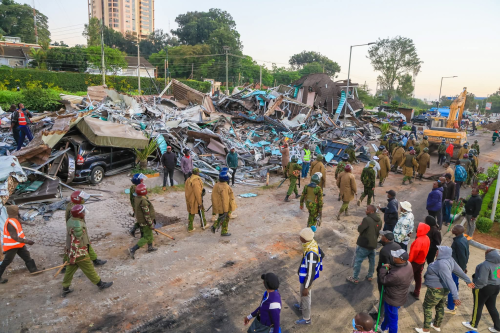 Properties of high value destroyed along Douglas Wakiiru Road in Nairobi, previously known as Aerodrome Road, near Nyayo National Stadium. PHOTO/@rigathi/X