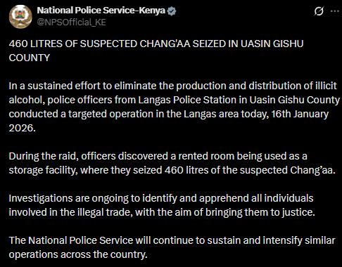 Statement of NPS on the seizure of illegal alcohol in Uasin Gishu on January 16, 2026. PHOTO/Screengrab by People Daily Digital/@NPSOfficial_KE/X