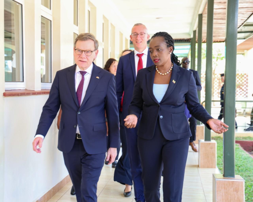 Defence Cabinet Secretary Soipan Tuya, during a visit by Federal Minister for Foreign Affairs of the Federal Republic of Germany, Dr Johann Wadephul, and his high-level delegation, including H.E. Sebastian Groth, German Ambassador to Kenya, and Ambassador Gesa Brautigam, Deputy Director General for Sub-Saharan Africa, at the Humanitarian Peace Support School, Embakasi. PHOTO/@SoipanTuya/X