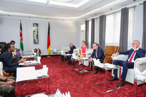 Defence Cabinet Secretary Soipan Tuya, during a visit by Federal Minister for Foreign Affairs of the Federal Republic of Germany, Dr Johann Wadephul, and his high-level delegation, including H.E. Sebastian Groth, German Ambassador to Kenya, and Ambassador Gesa Brautigam, Deputy Director General for Sub-Saharan Africa, at the Humanitarian Peace Support School, Embakasi. PHOTO/@SoipanTuya/X
