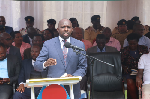 Interior Cabinet Secretary Kipchumba Murkomen addressing the residents of kiawakara in kirinyaga central after commissioning of the Assistant County Commissioner's office on Wednesday, January 28, 2026. PHOTO/Bancy Lole.