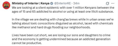 Statement of the Interior Ministry on alcohol abuse. PHOTO/Screengrab by People Daily Digital/@InteriorKE/X