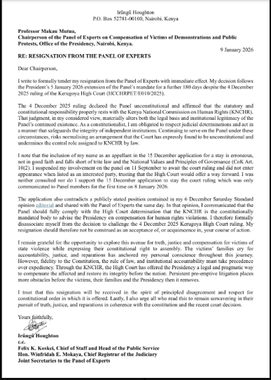 Irungu Houghton's letter of resignation from the rom the Panel of Experts on Compensation of Victims of Demonstrations and Public Protests. PHOTO/@irunguhoughton/X
