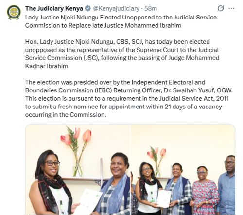 Statement of the Judiciary Kenya on Lady Justice Njoki Ndungu's election to the Judicial Service Commission to replace late Justice Mohammed Ibrahim. PHOTO/Screengrab by People Daily Digital/@Kenyajudiciary/X