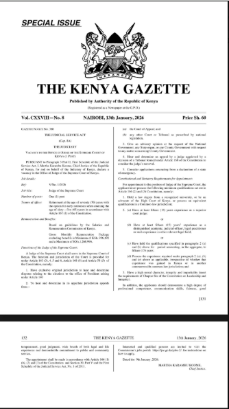 Special Issue of the Kenya Gazette declaring vacancy of judge in the Supreme Court of Kenya. PHOTO/@jsckenya/X