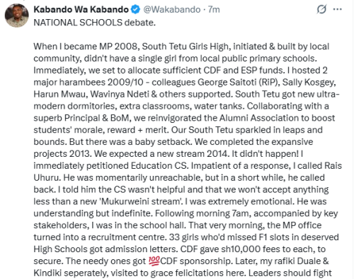 Statement of former MP Kabando Wa Kabando on the national schools admission. PHOTO/Screengrab by People Daily Digital/@wakabando/X