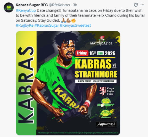 Fixture changes announced by Kabras RFC. PHOTO/Screengrab by People Daily Digital/@RfcKabras/X