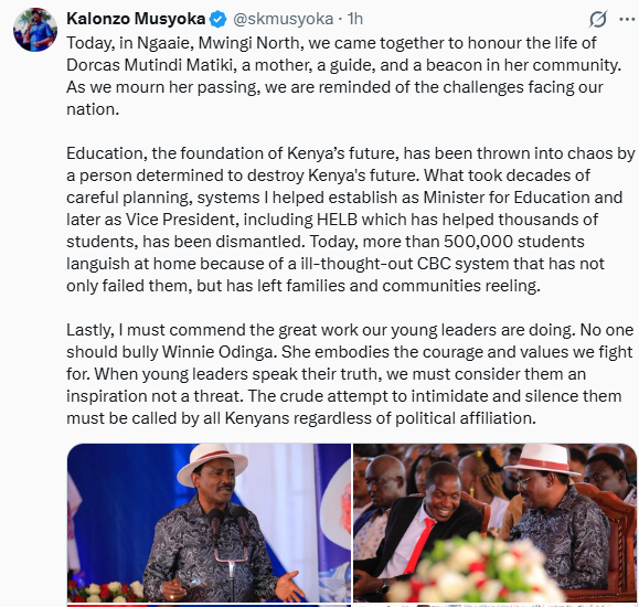 Statement of Kalonzo Musyoka on Winnie Odinga and young leaders in Kenya. PHOTO/Screen grab by People Daily Digital/@skmusyoka/X
