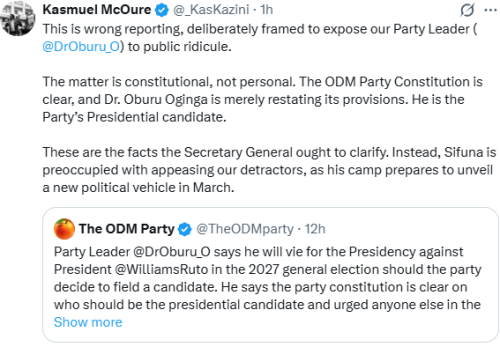 Statement of Kasmuel McOure on Edwin Sifuna's political vehicle and ODM setting Up Oburu Odinga for public ridicule. PHOTO/Screengrab by People Daily Digital/@_KasKazini/X 