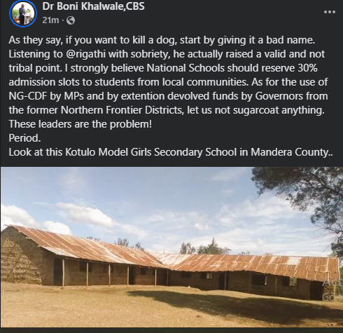Statement of Boni Khalwale on underdeveloped schools in Northern Kenya. PHOTO/Screengrab by People Daily Digital/https://www.facebook.com/KBonimtetezi