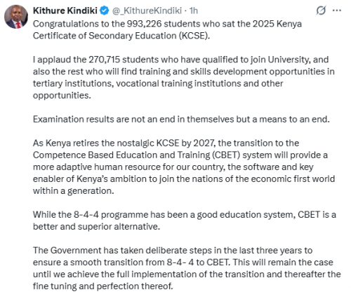 Statement of DP Kithure Kindiki on the 2025 KCSE results. PHOTO/Screengrab by People Daily Digital/@KithureKindiki/X