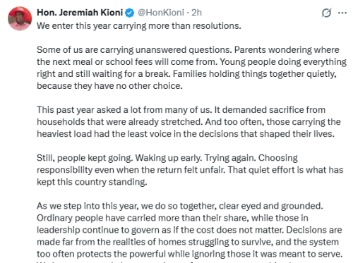 Jeremiah Kioni's New Year message to Kenyans on Thursday, January 1, 2026. PHOTO/Screengrab by People Daily Digital/@HonKioni/X