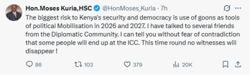 Statement of Moses Kuria on the goons for political mobilisation in 2026 and 2027. PHOTO/Screengrab by People Daily Digital/@HonMoses_Kuria/X