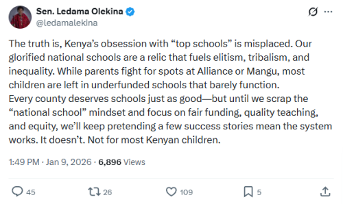 Statement of Ledama Olekina on national schools promoting elitism and tribalism. PHOTO/Screengrab by People Daily Digital/@ledamalekina/X