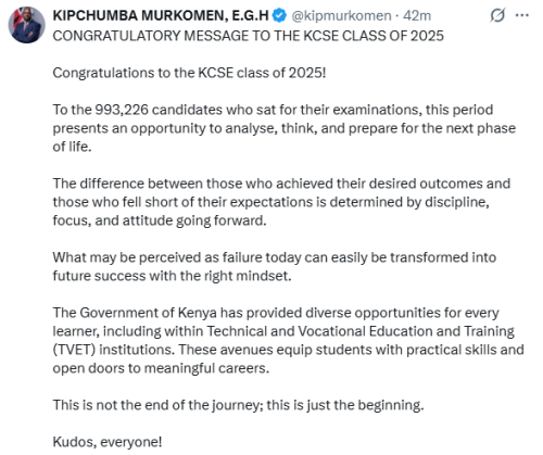 Statement of Interior CS Kipchumba Murkomen on the 2025 KCSE performance. PHOTO/Screengrab by People Daily Digital/@kipmurkomen/X