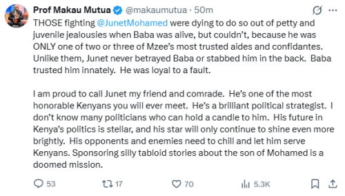 Statement of Makau Mutua defending MP Junet Mohamed amid internal wrangles rocking ODM. PHOTO/Screengrab by People Daily Digital/@makaumutua/X