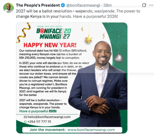 Boniface Mwangi's New Year Message to Kenyans. PHOTO/Screengrab by People Daily Digital/@bonifacemwangi/X