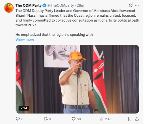 ODM Deputy Party Leader Abdullswamad Sharrif Nassir Speaking during the Coastal salute event in Kikambala, Kilifi, on Wednesday, January 7, 2026. PHOTO/Screengrab by People Daily Digital/@TheODMparty/X