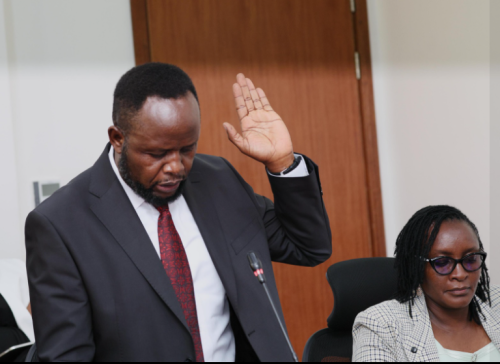 Trans-Nzoia Governor George Natembeya appearing before the Senate Committee on County Public Investments and Special Funds Sub-Committee at Bunge Tower on Tuesday, January 20, 2026. PHOTO/The Parliament of Kenya