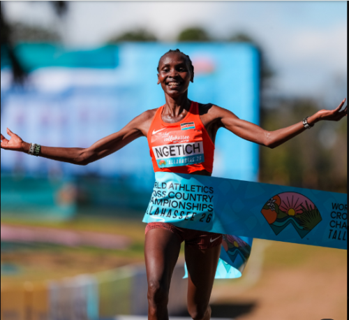 Agnes Ngetich, 10km world record holder, storms to victory at the 2026 World Cross Country to claim Kenya’s 10th straight women’s title. PHOTO/@WorldAthletics/X