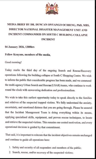 Statement of NMDU on the South C collapsed building issued on Sunday, January 4, 2026. PHOTO/@NMDU_Kenya/X