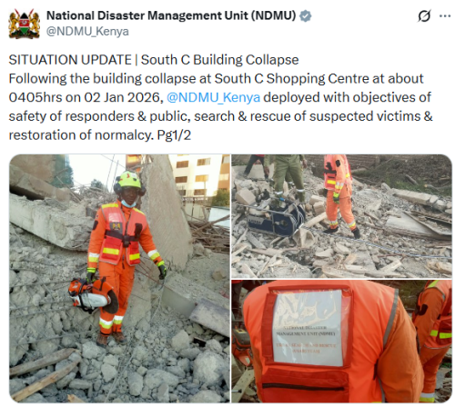 Statement of NDMU on the rescue operations following the collapsing of a building in South C. PHOTO/Screengrab by People Daily Digital/@NDMU_Kenya/X